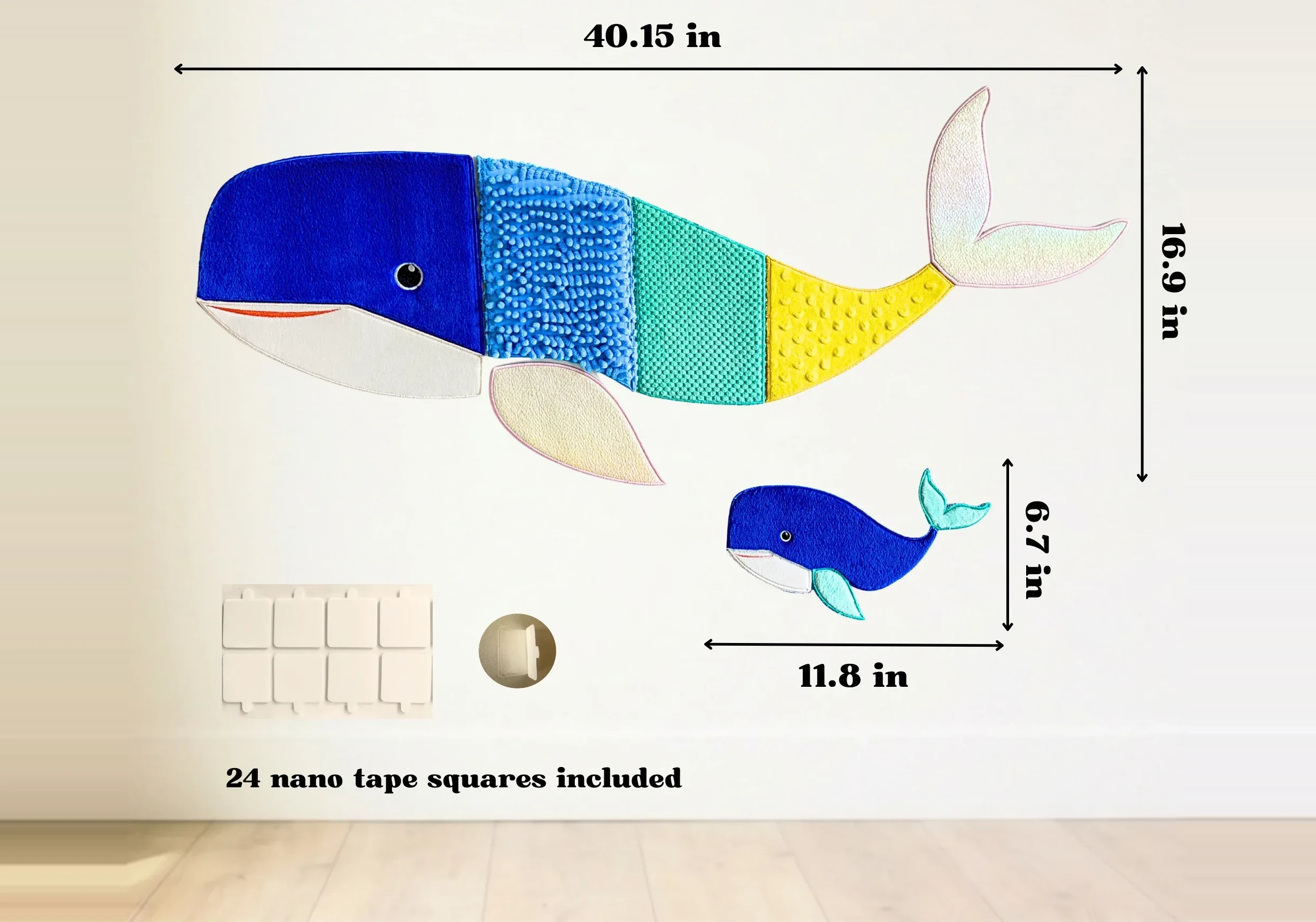 Dimensions: mama whale 40.15 x 16.9 inches, baby whale 11.8 x 6.7 inches, 24 nano tape squares included